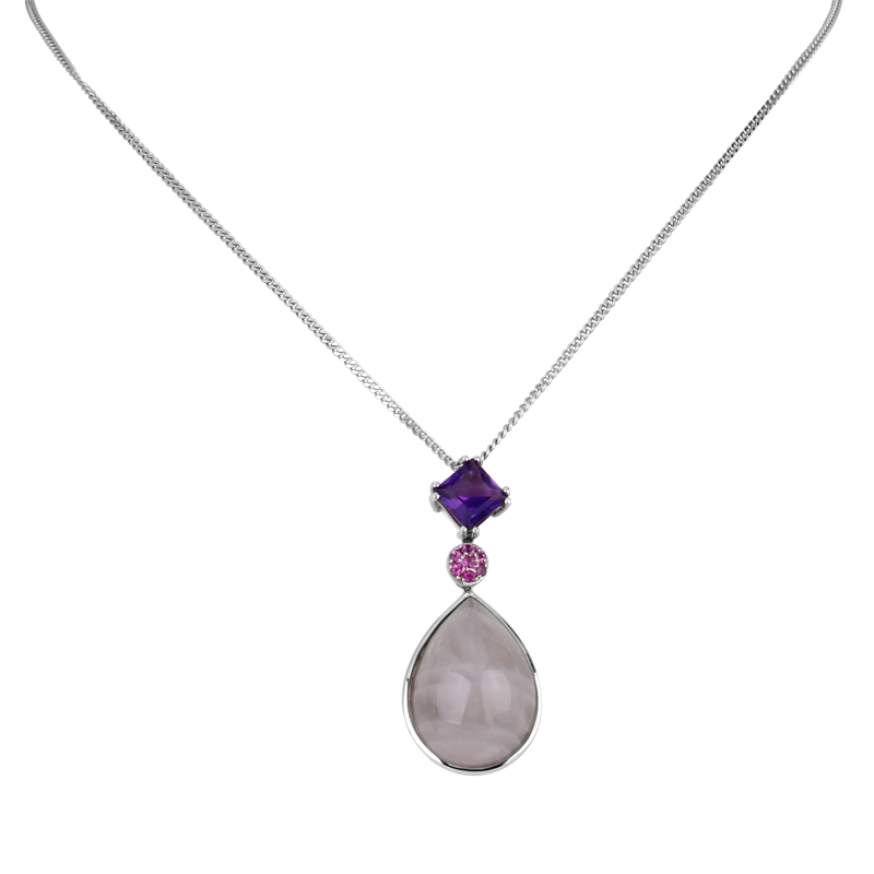 Collier in Weissgold mit Chalcedon, Amethyst und Safire
