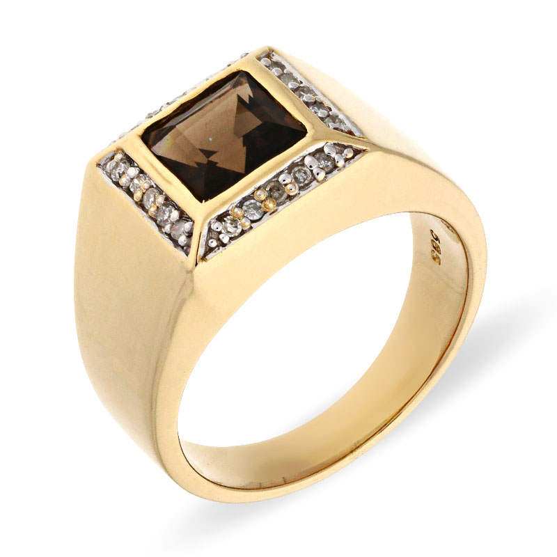 Rauchquarz-Ring Gelbgold, teil-rhodiniert